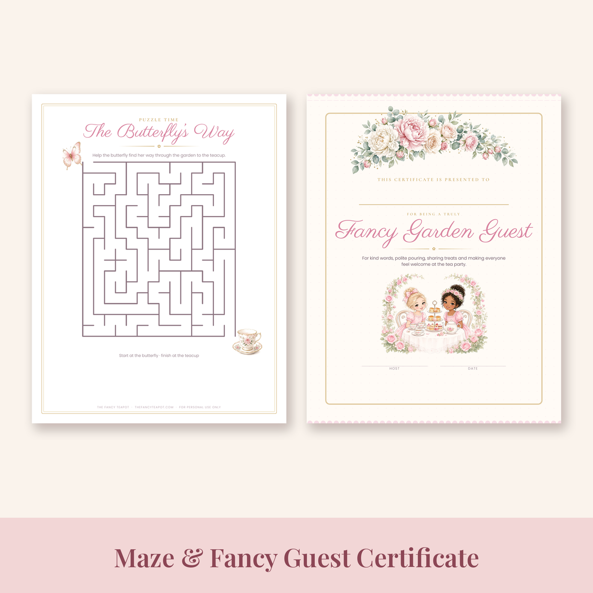 Butterfly maze activity page and Fancy Garden Guest certificate printable
