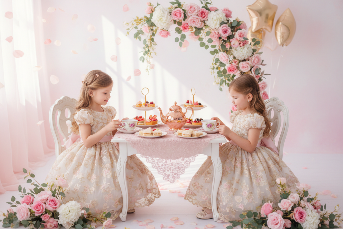 Elegant tea party flat lay with floral teacup, rose gold teapot, pink peonies and macarons