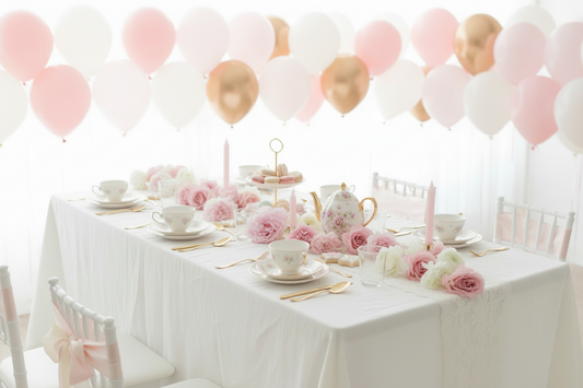 Elegant children's tea party table with floral teacups, pink roses, pastel macarons and balloons