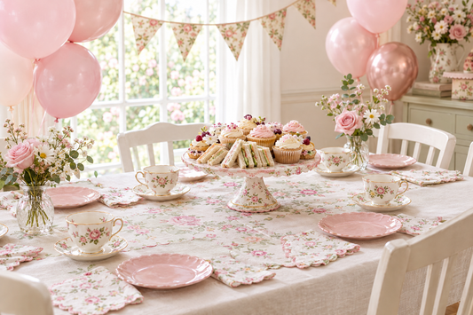 Children’s tea party table with floral teacups, pink decorations, cake, and party treats