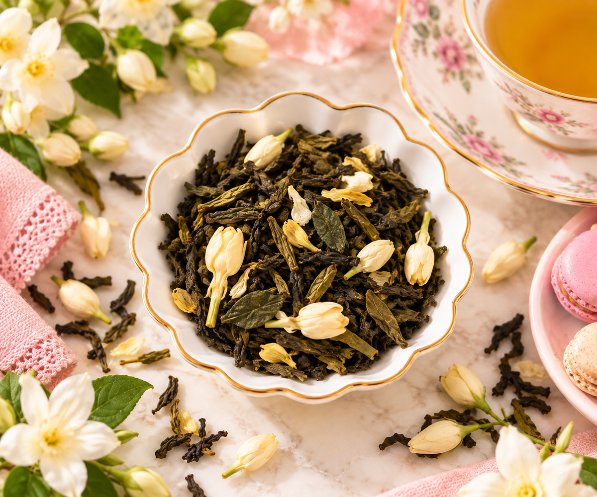 Lazy Day loose leaf green tea with jasmine petals in a white bowl