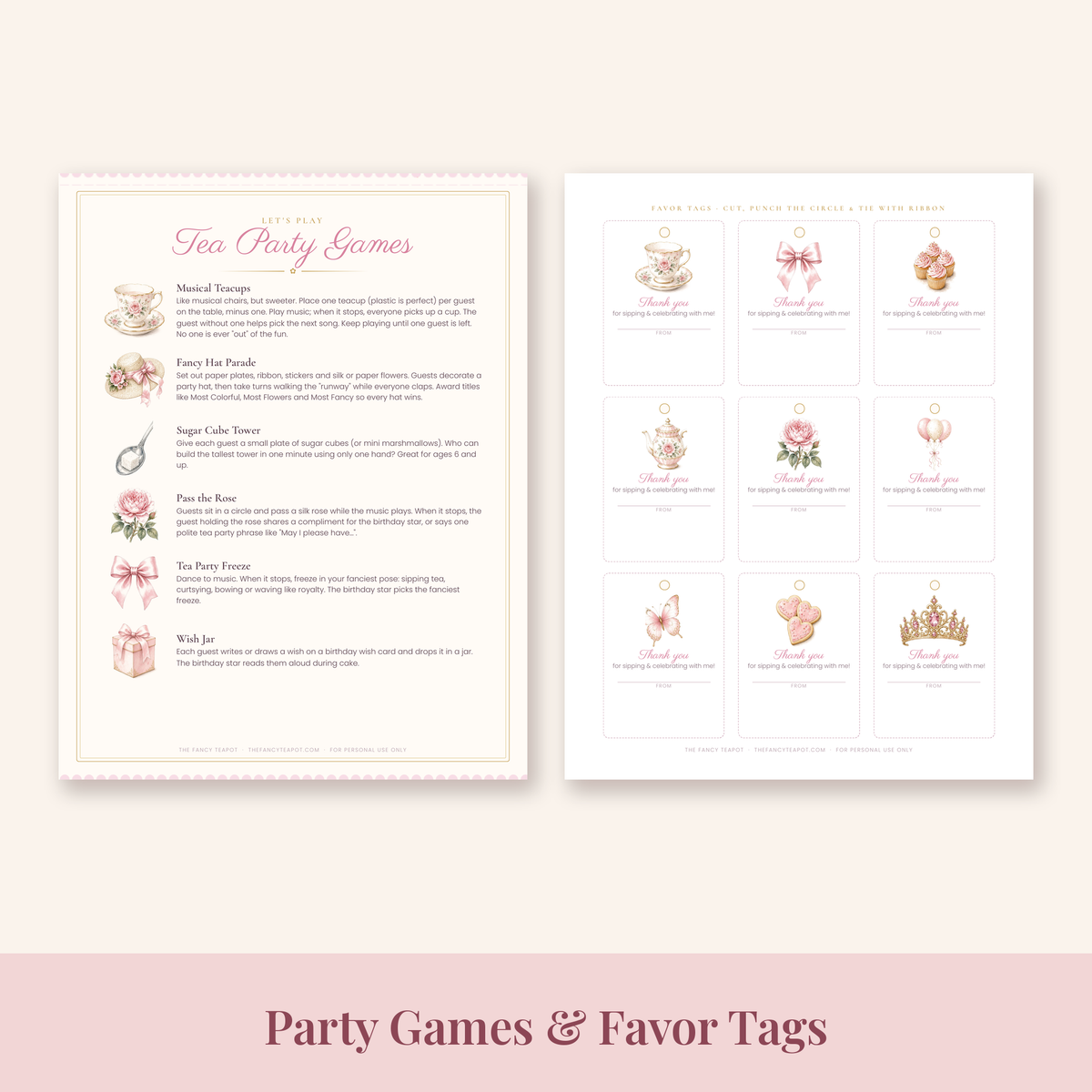 Birthday tea party games page and printable favor tags