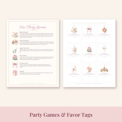 Birthday tea party games page and printable favor tags