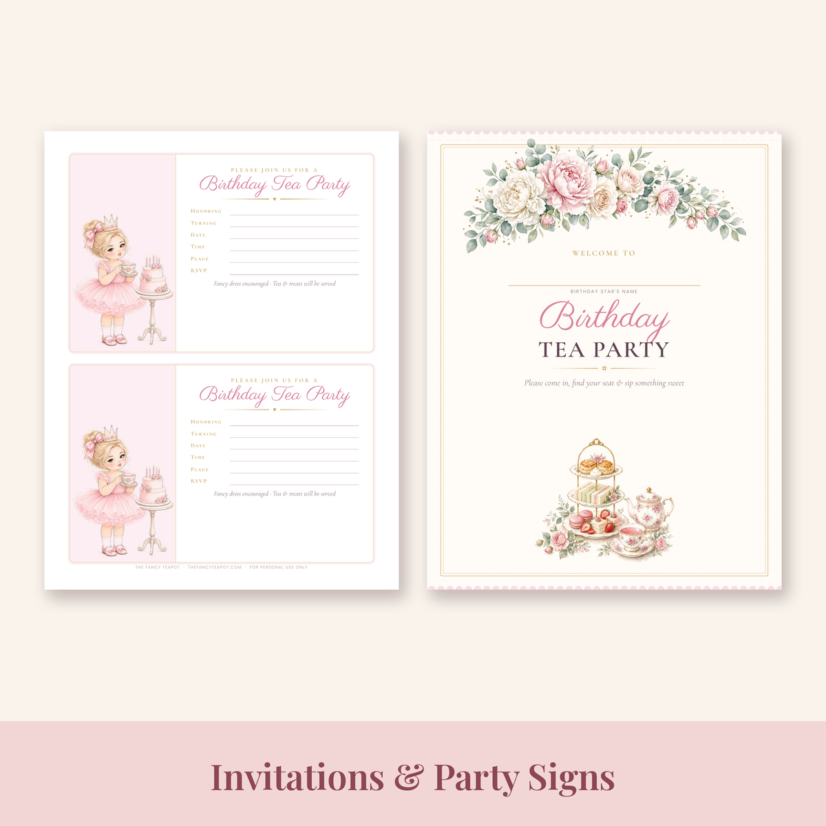 Fill-in birthday tea party invitations and welcome sign printable pages
