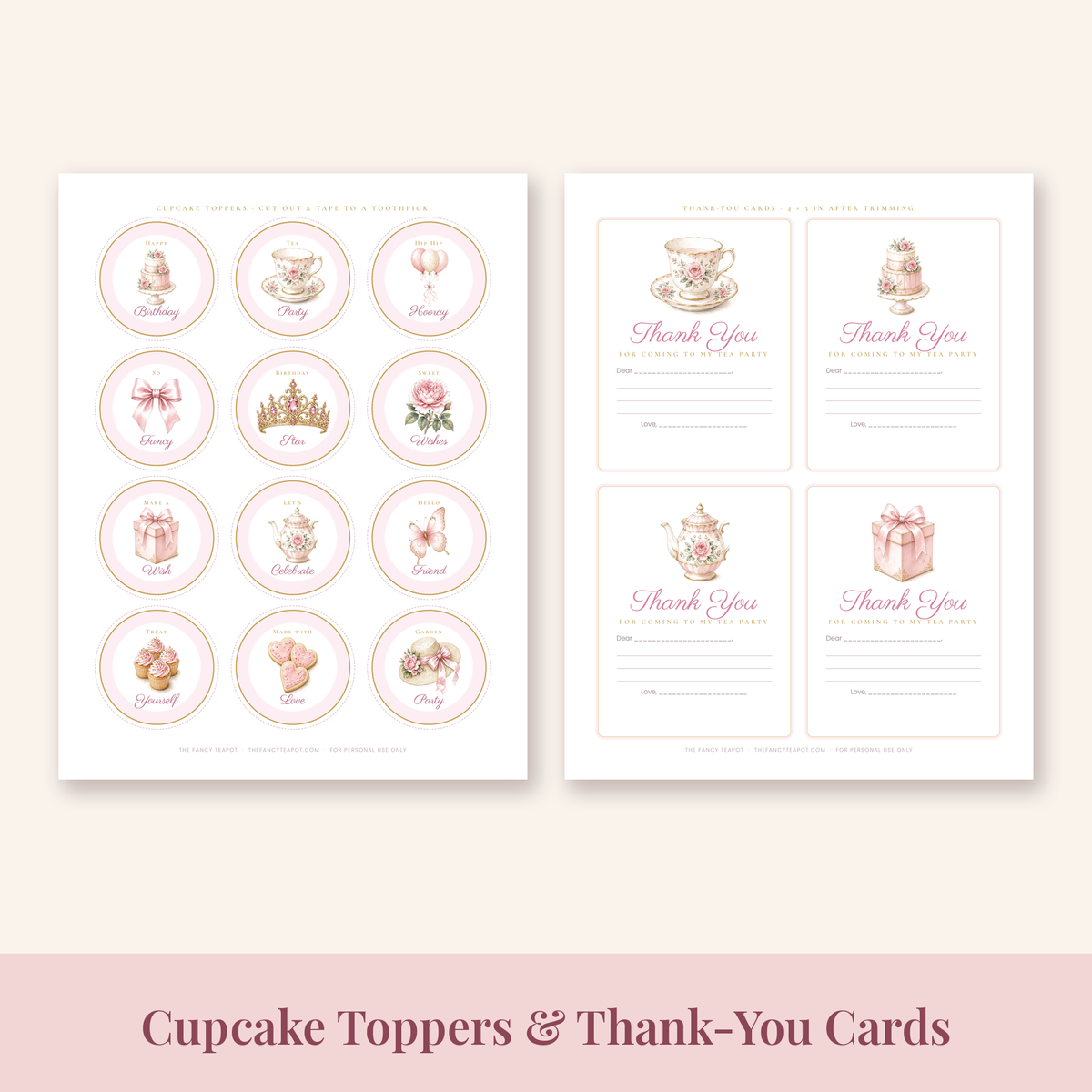 Printable tea party cupcake toppers and thank-you cards with teacups, roses and bows