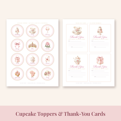 Printable tea party cupcake toppers and thank-you cards with teacups, roses and bows
