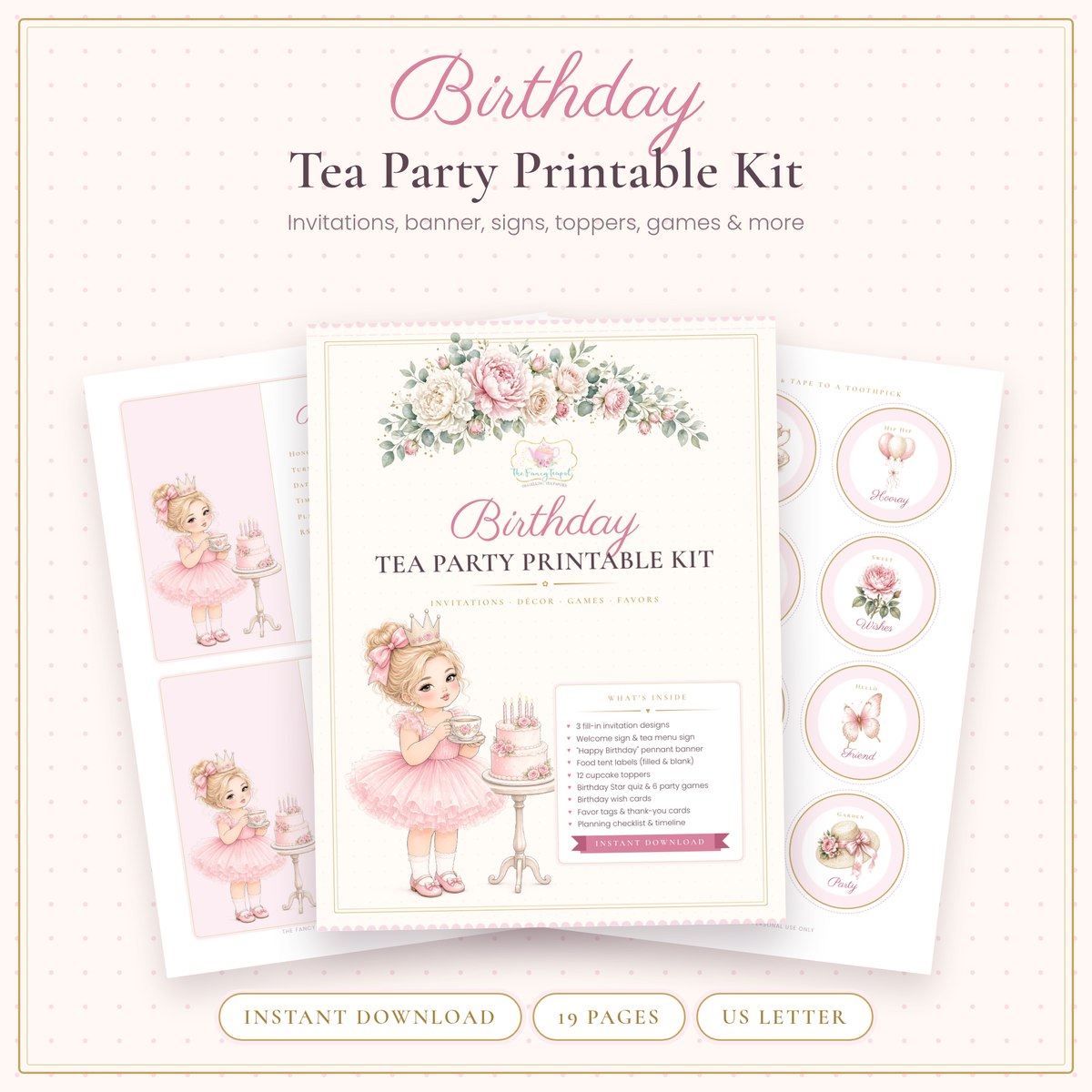 Birthday Tea Party Printable Kit cover with a little birthday girl, invitation and cupcake toppers in pink and gold