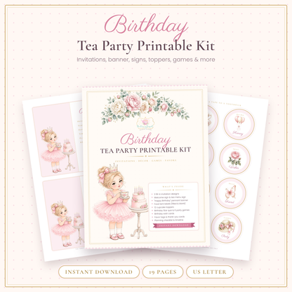 Birthday Tea Party Printable Kit cover with a little birthday girl, invitation and cupcake toppers in pink and gold