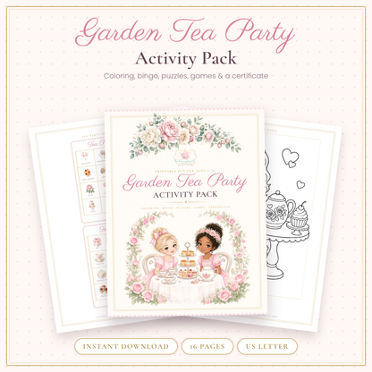 Garden Tea Party Activity Pack cover with two tea party girls among roses and printable activity pages