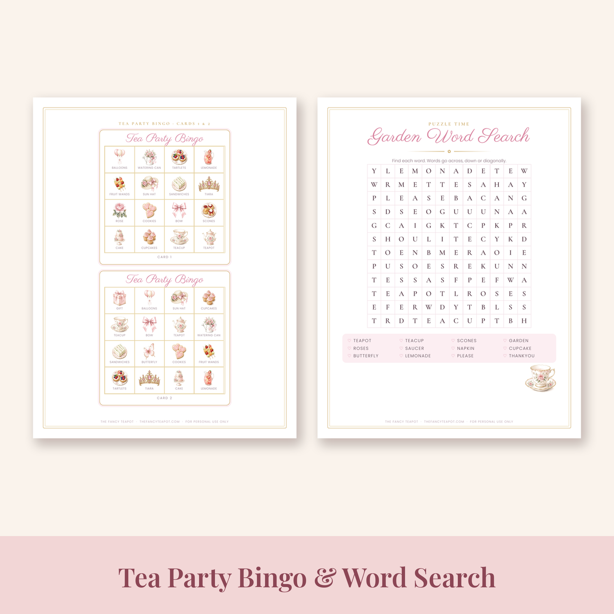 Printable tea party bingo cards and garden word search for kids