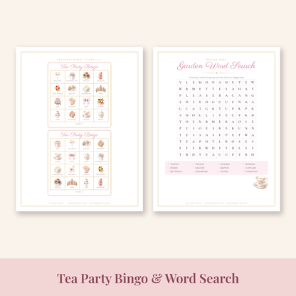 Printable tea party bingo cards and garden word search for kids