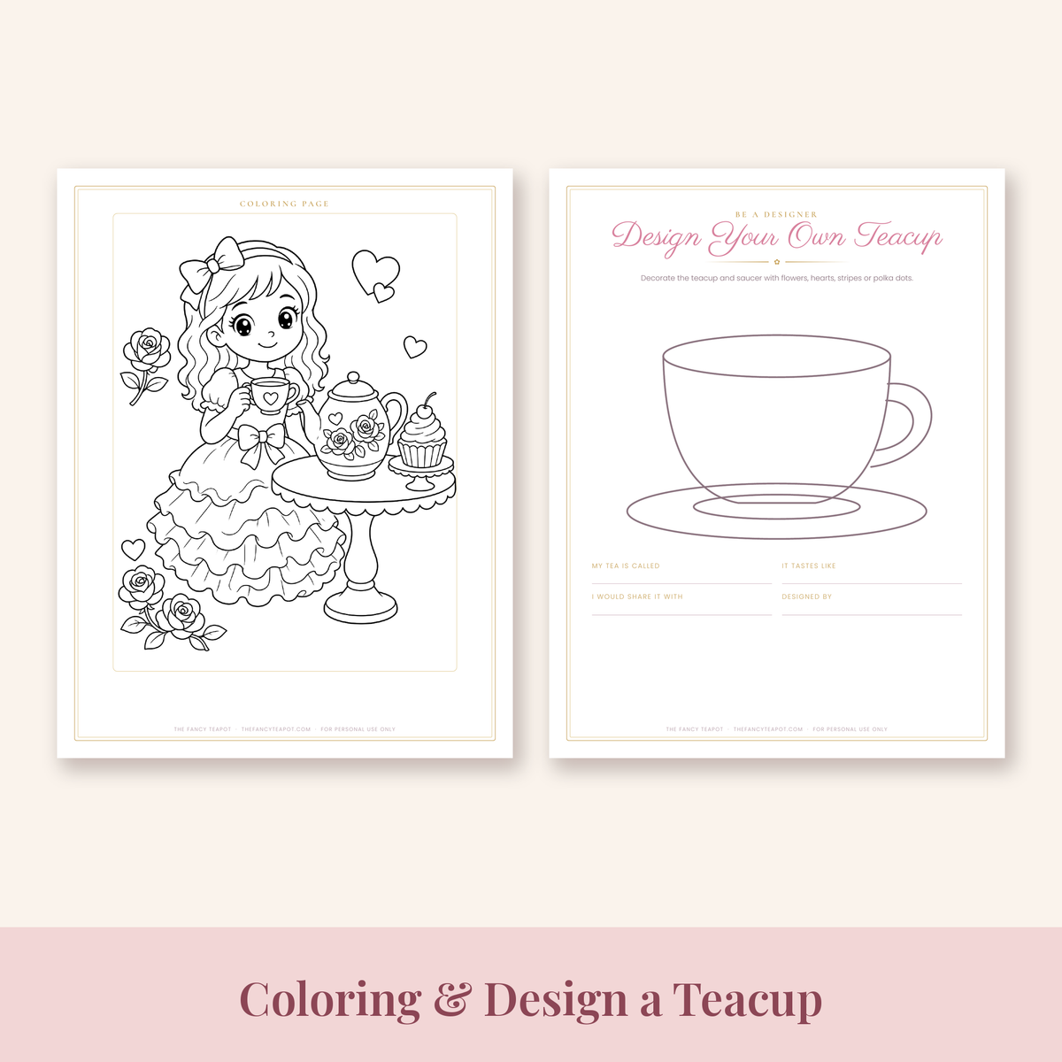 Tea party girl coloring page and Design Your Own Teacup printable activity