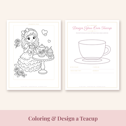 Tea party girl coloring page and Design Your Own Teacup printable activity