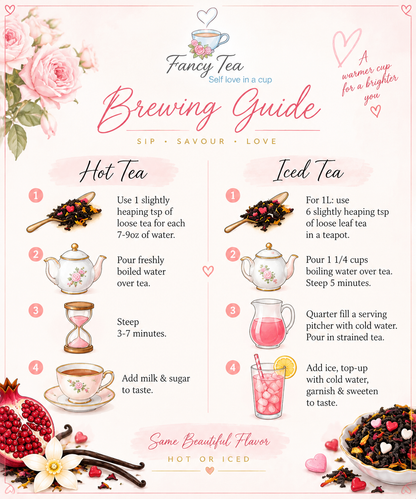 Illustrated hot and iced brewing instructions for Golden Heart loose leaf black tea