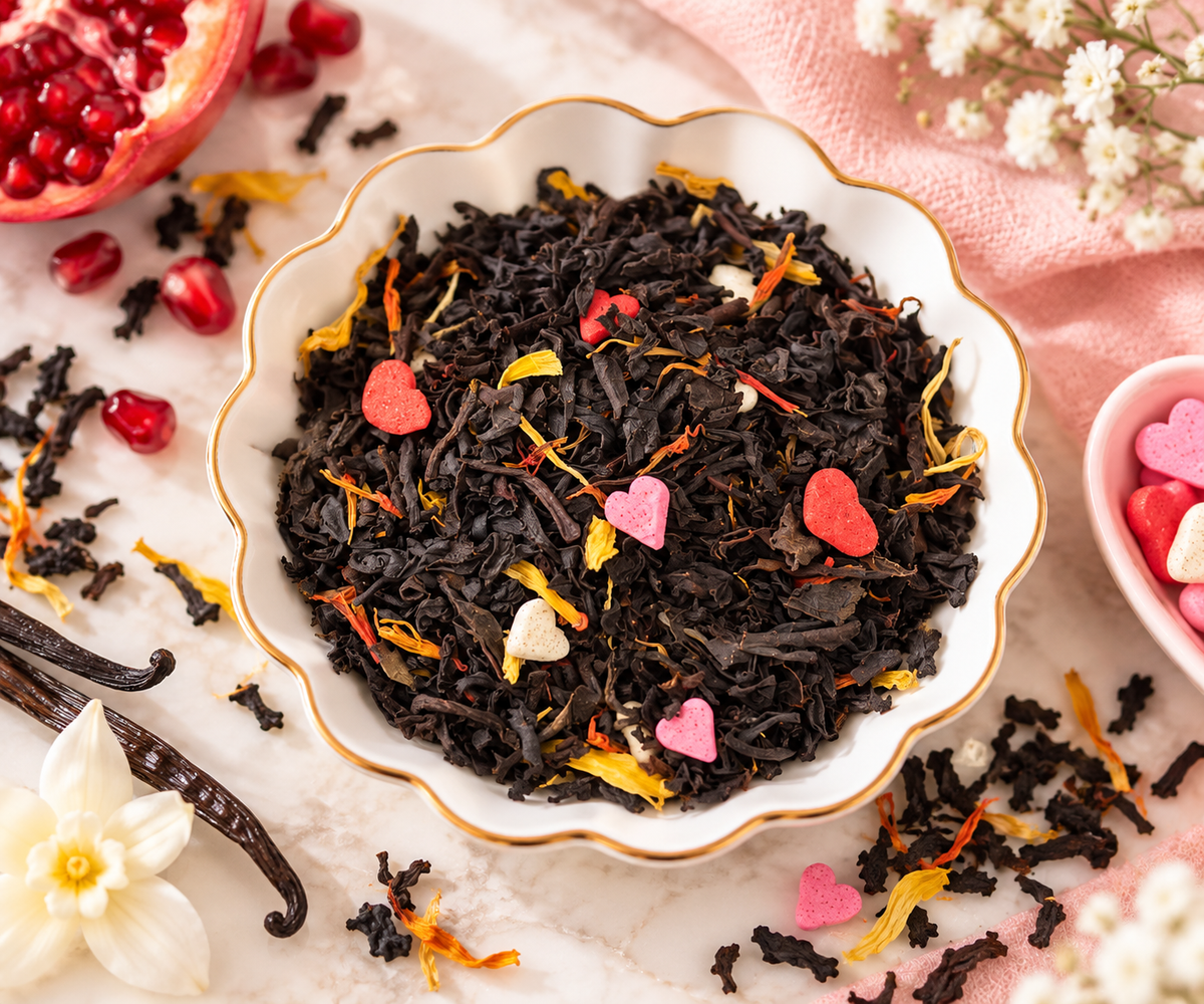 Golden Heart loose leaf black tea with colorful petals and heart-shaped candies in a white bowl