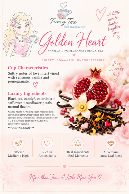 Golden Heart vanilla and pomegranate black tea graphic with cup characteristics and ingredients