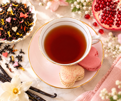 Cup of brewed tea beside Golden Heart loose leaf black tea and heart-shaped macarons