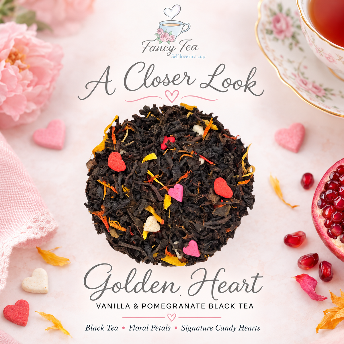 Close-up of Golden Heart loose leaf black tea with floral petals and heart-shaped candies