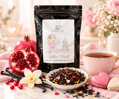 Golden Heart vanilla and pomegranate black tea pouch displayed with loose leaf tea and a cup