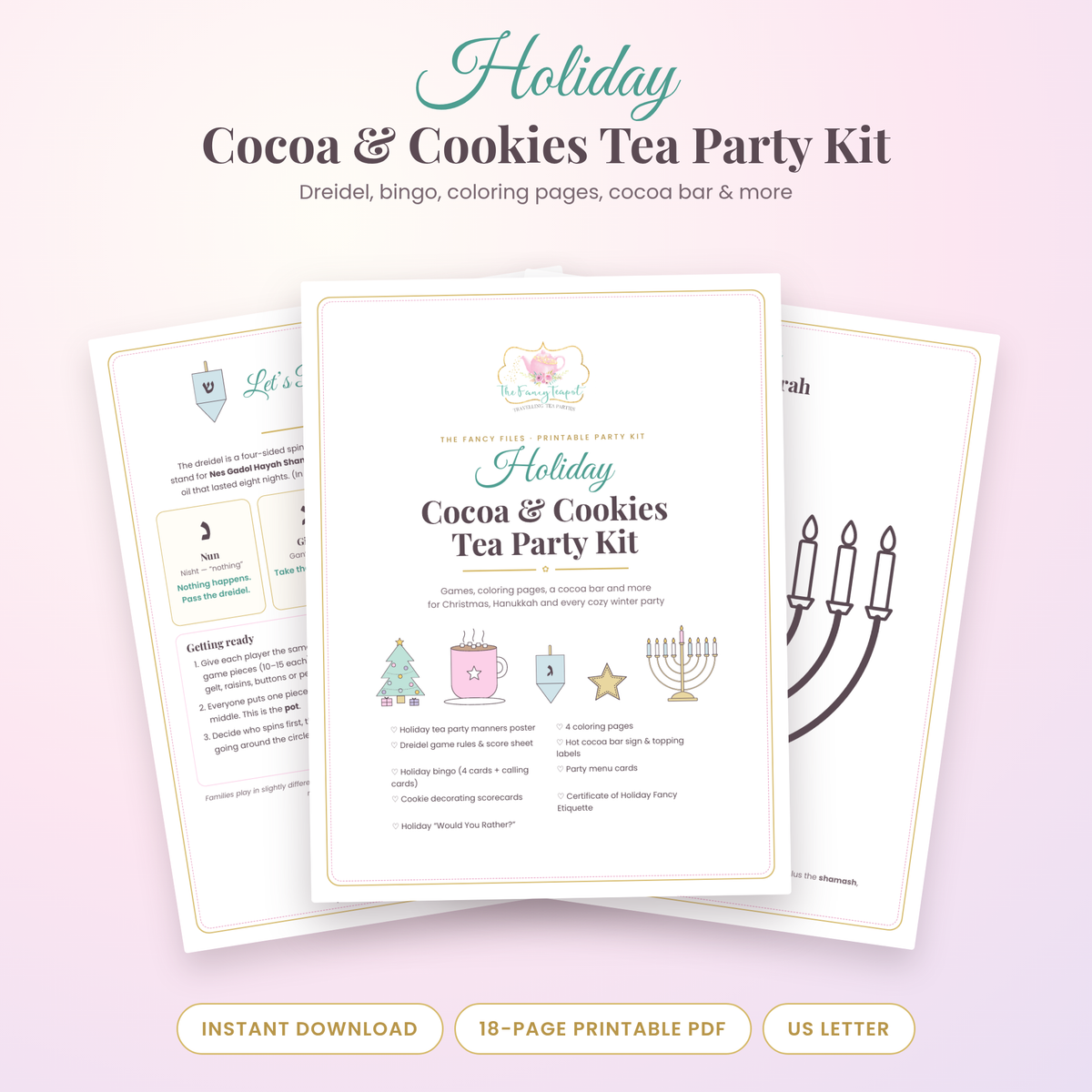Holiday Cocoa & Cookies Tea Party Kit printable cover with Christmas tree, cocoa mug, dreidel, star and menorah