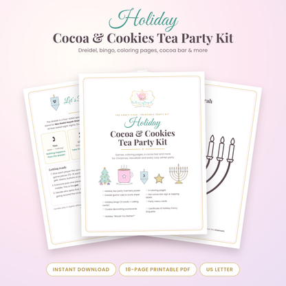 Holiday Cocoa & Cookies Tea Party Kit printable cover with Christmas tree, cocoa mug, dreidel, star and menorah