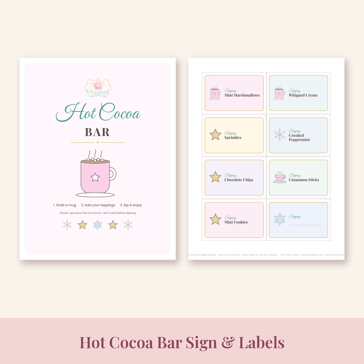 Printable hot cocoa bar sign and cocoa topping labels