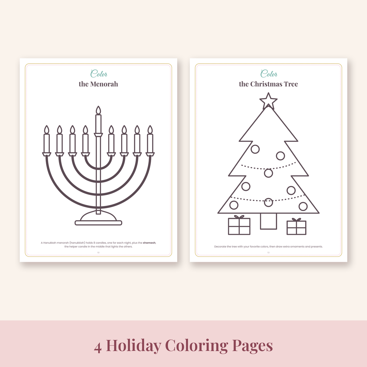 Menorah and Christmas tree holiday coloring pages for kids