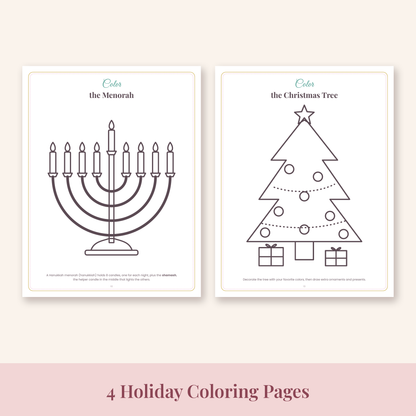 Menorah and Christmas tree holiday coloring pages for kids