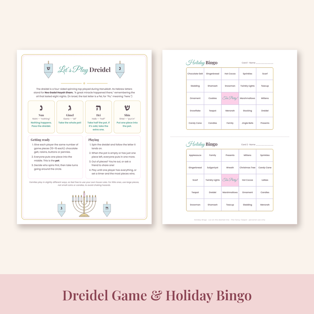 Let's Play Dreidel rules page and holiday bingo cards printable