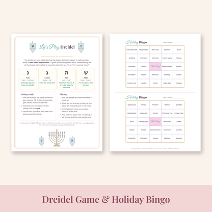 Let's Play Dreidel rules page and holiday bingo cards printable
