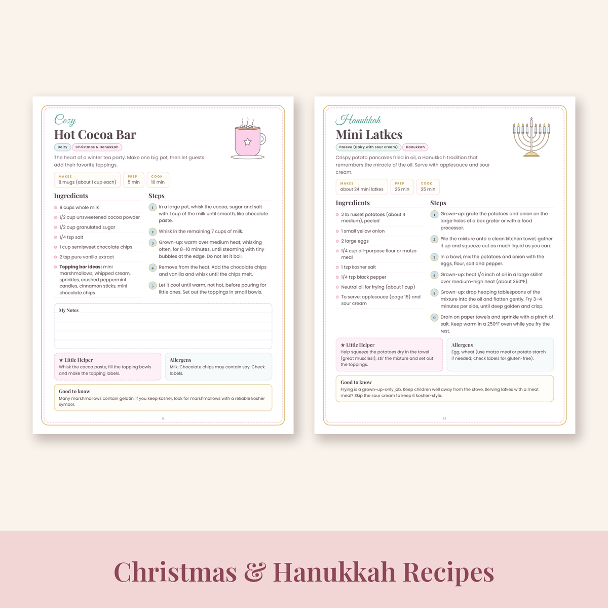 Hot Cocoa Bar and Mini Latkes recipe pages from the holiday tea party cookbook
