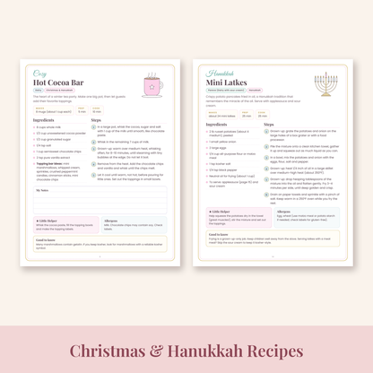 Hot Cocoa Bar and Mini Latkes recipe pages from the holiday tea party cookbook