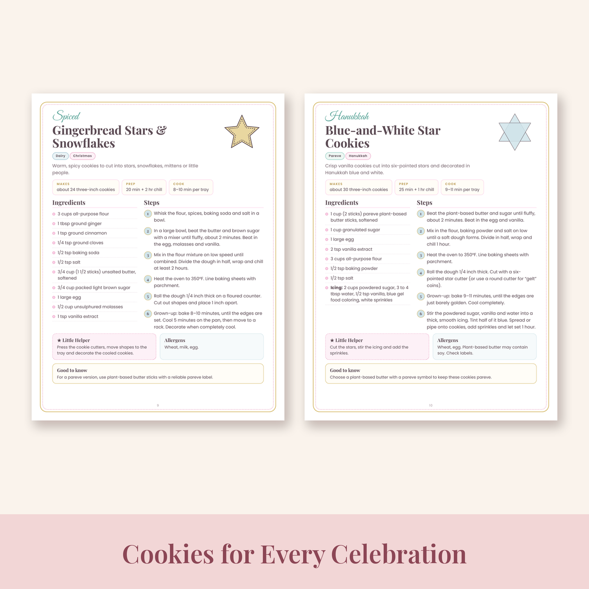 Gingerbread Stars & Snowflakes and Blue-and-White Star Cookies printable recipe pages