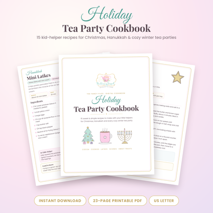 Holiday Tea Party Cookbook printable cover with a Christmas tree, hot cocoa mug and Hanukkah menorah