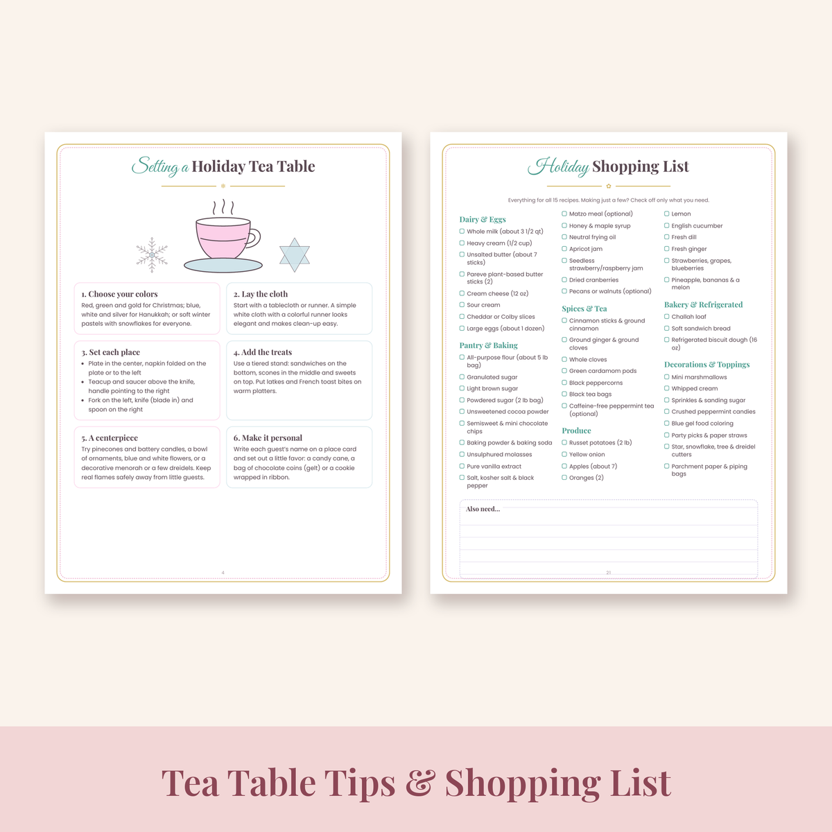 Setting a holiday tea table guide and holiday shopping list pages