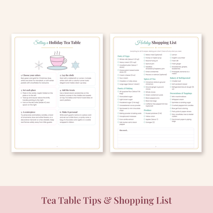 Setting a holiday tea table guide and holiday shopping list pages