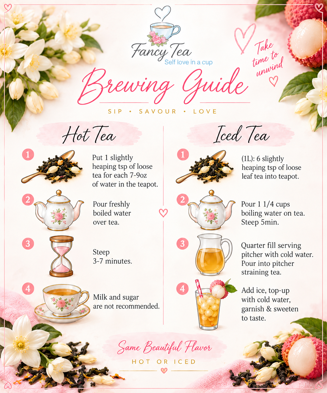 Illustrated hot and iced brewing instructions for Lazy Day jasmine green tea