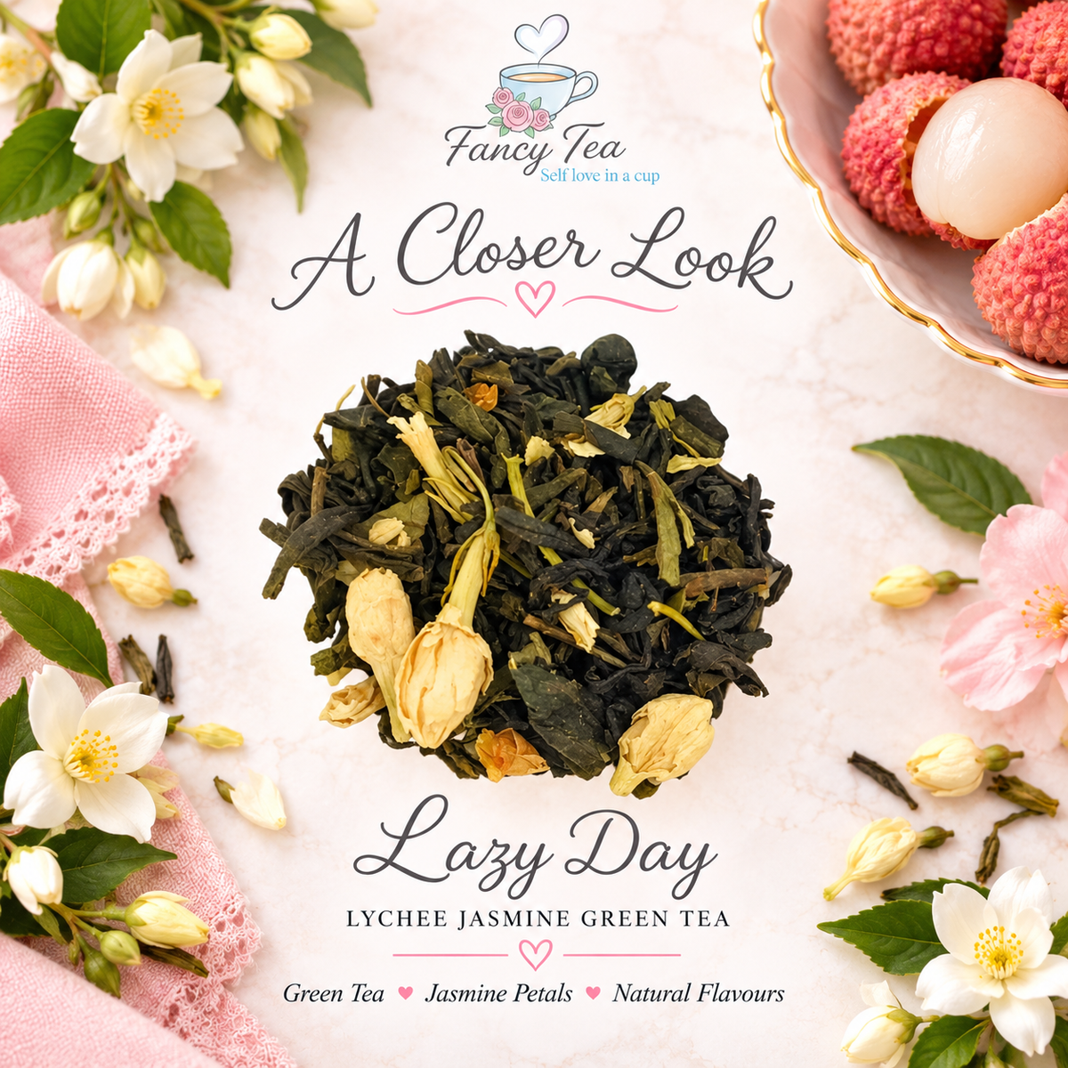 Close-up of Lazy Day loose leaf green tea and jasmine petals