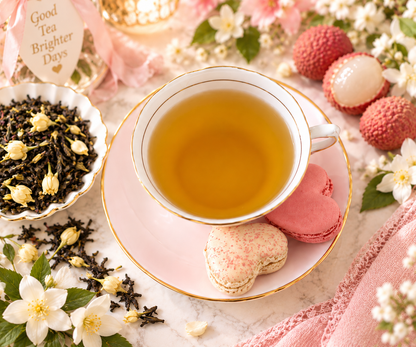 Cup of brewed Lazy Day jasmine green tea beside loose leaf tea, lychees, and heart-shaped macarons.