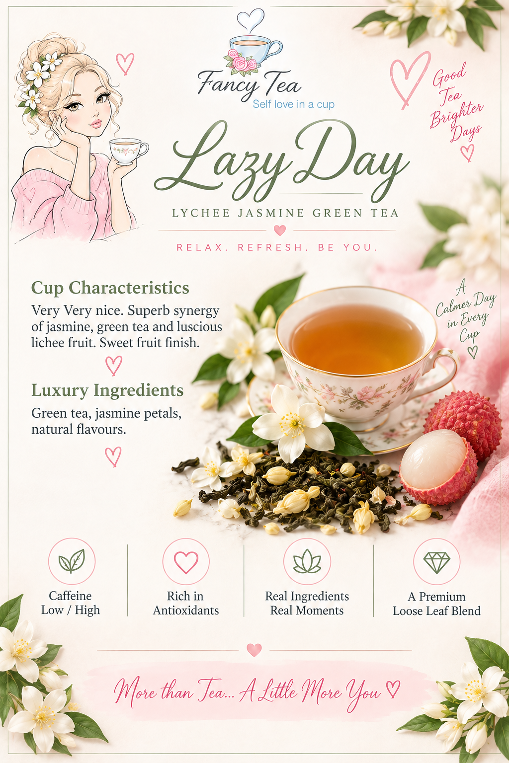 Lazy Day jasmine green tea graphic showing tasting notes, ingredients, and a cup of tea