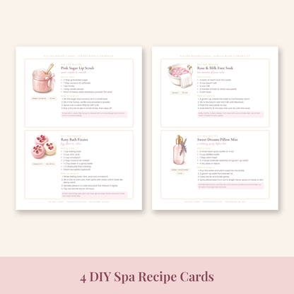 Printable DIY spa recipe cards for pink sugar lip scrub, rosy bath fizzies, foot soak and pillow mist