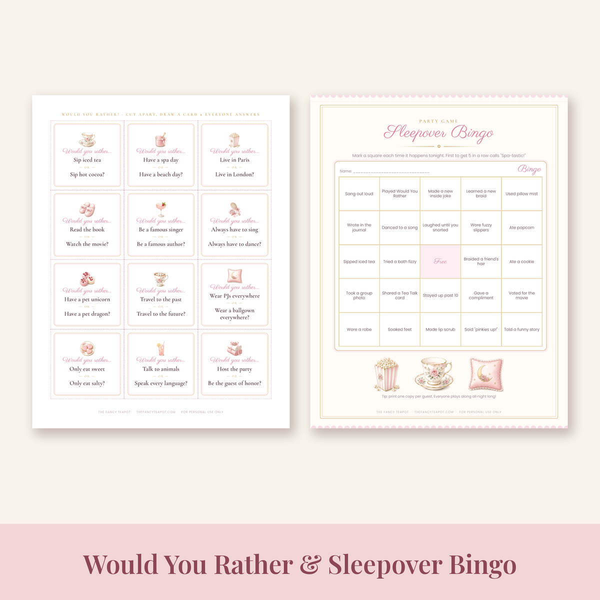 Spa sleepover party printable games: Would You Rather cards and Sleepover Bingo