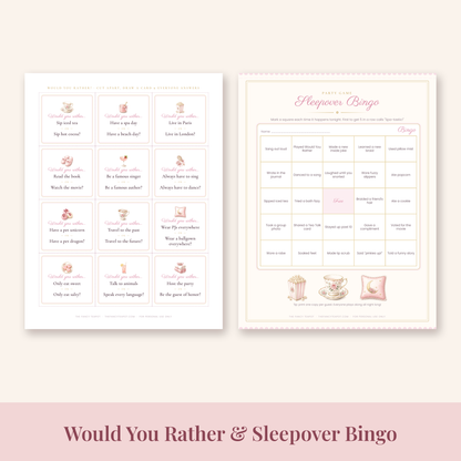 Spa sleepover party printable games: Would You Rather cards and Sleepover Bingo