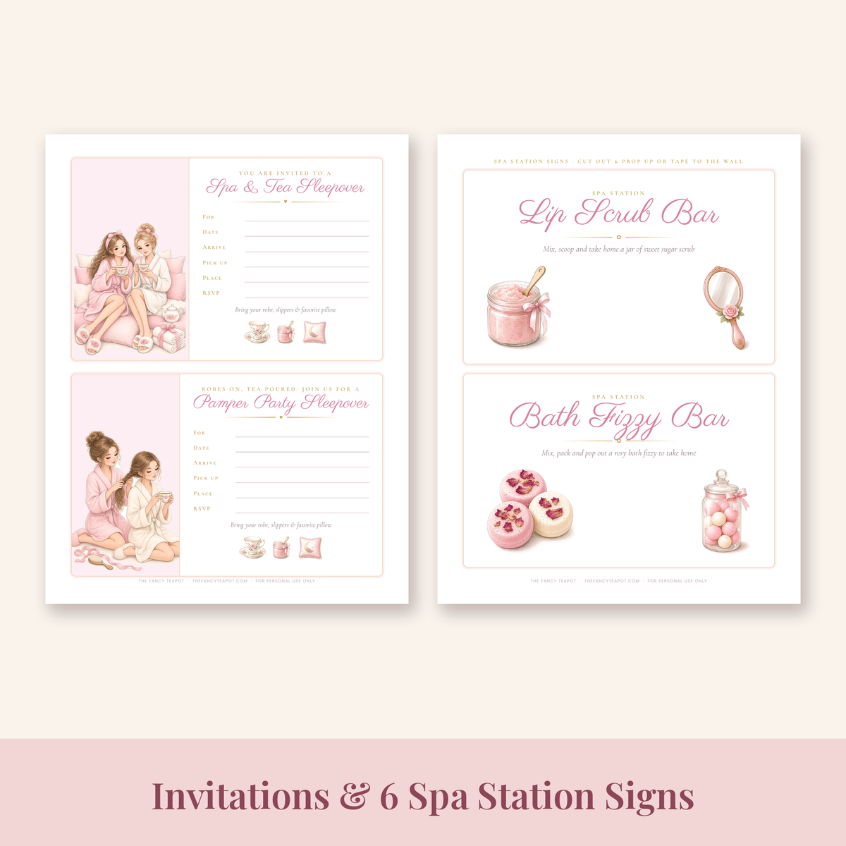 Fill-in spa sleepover invitations and spa station signs printable pages