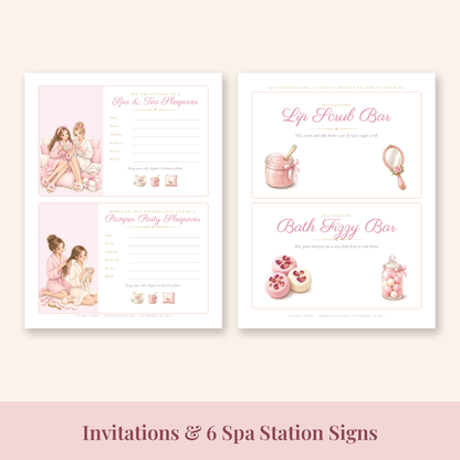 Fill-in spa sleepover invitations and spa station signs printable pages