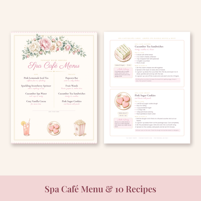 Spa Café menu and printable sip and snack recipe cards for a spa sleepover