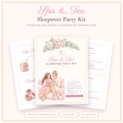 Spa & Tea Sleepover Party Kit cover with two girls in fluffy robes sipping tea on pink pillows, in pink and gold