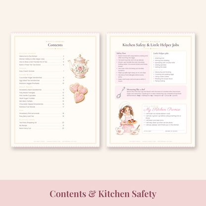 Tea Party Cookbook for Kids contents page and kitchen safety and Little Helper jobs page