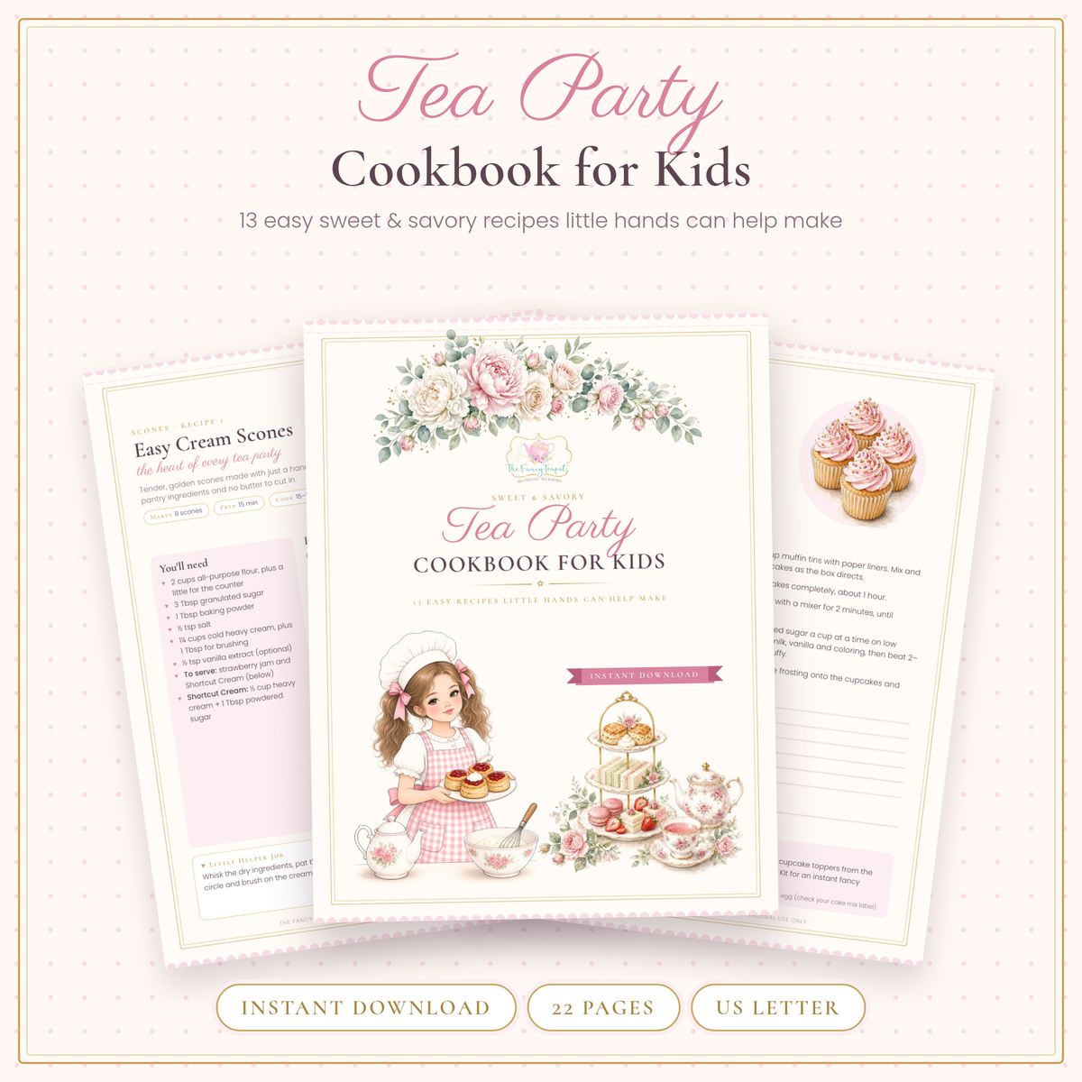 Tea Party Cookbook for Kids printable cover with a little chef girl, scones and a rose teapot