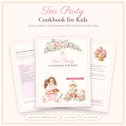 Tea Party Cookbook for Kids printable cover with a little chef girl, scones and a rose teapot